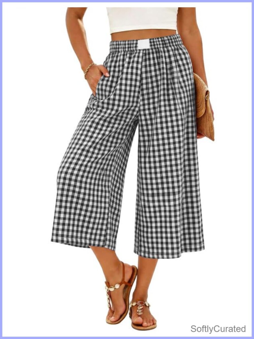 Wide Leg Gingham Palazzo Capri Pants Cotton Cropped Pull On